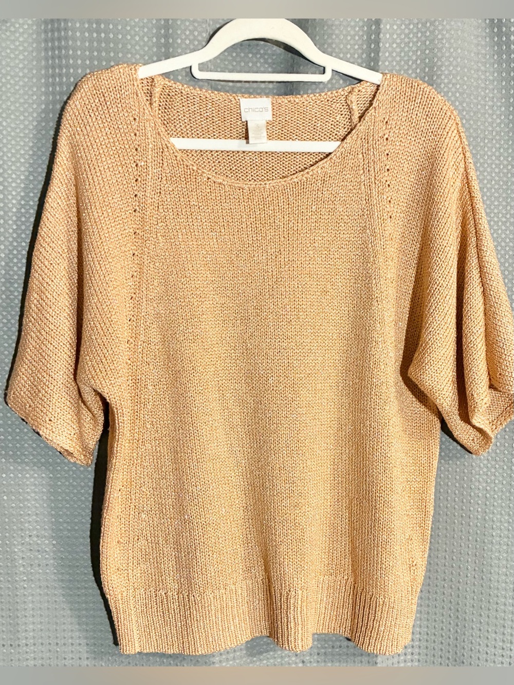 Chicos Gold Glitter Sweater Sz 3- US XL light Orange Short Sleeves Warmth Style